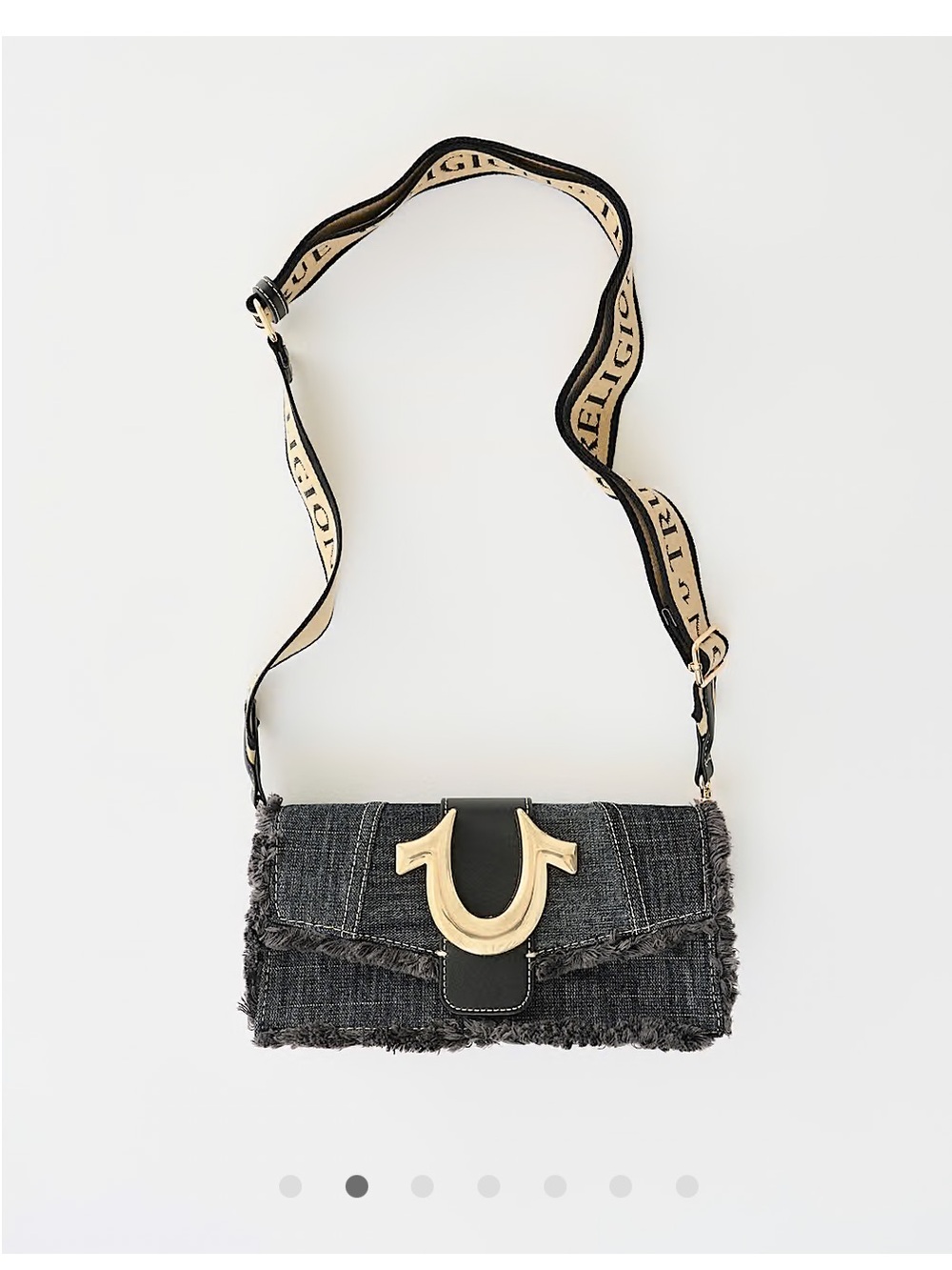 NWT True Religion Black Frayed Denim Crossbody Bag Gold Horseshoe Obsidian